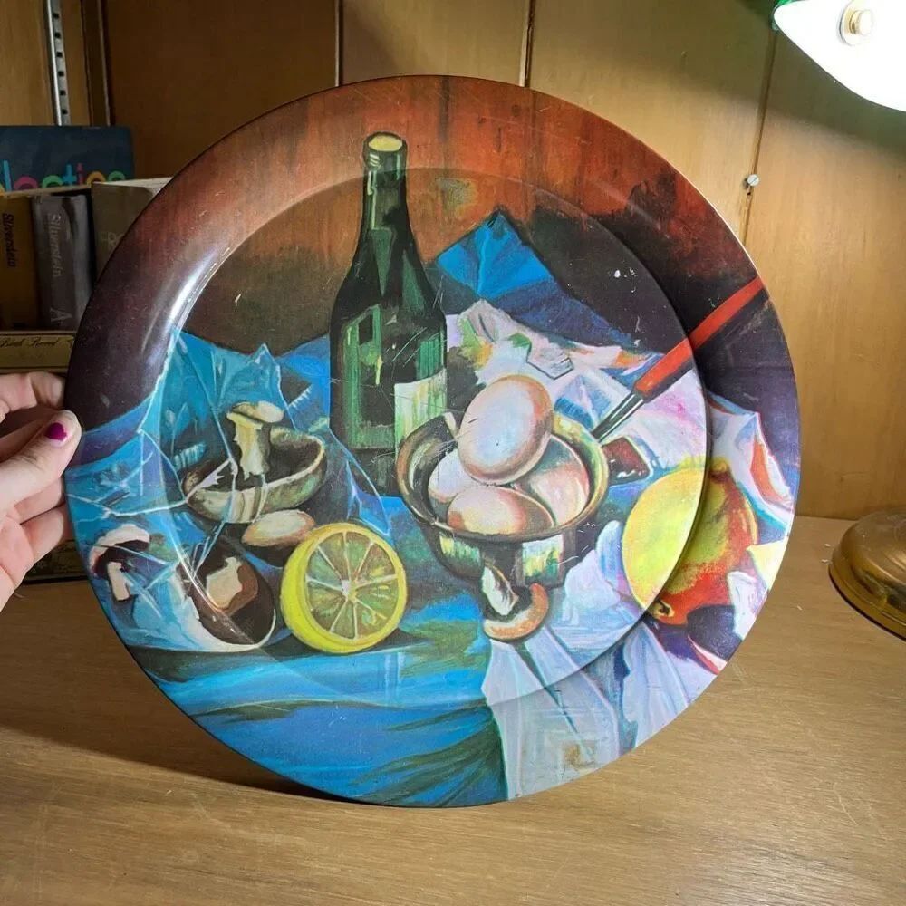 Vintage Action Brazil Tin Decorative Plate 13.25" Still Life, Retro Art Piece